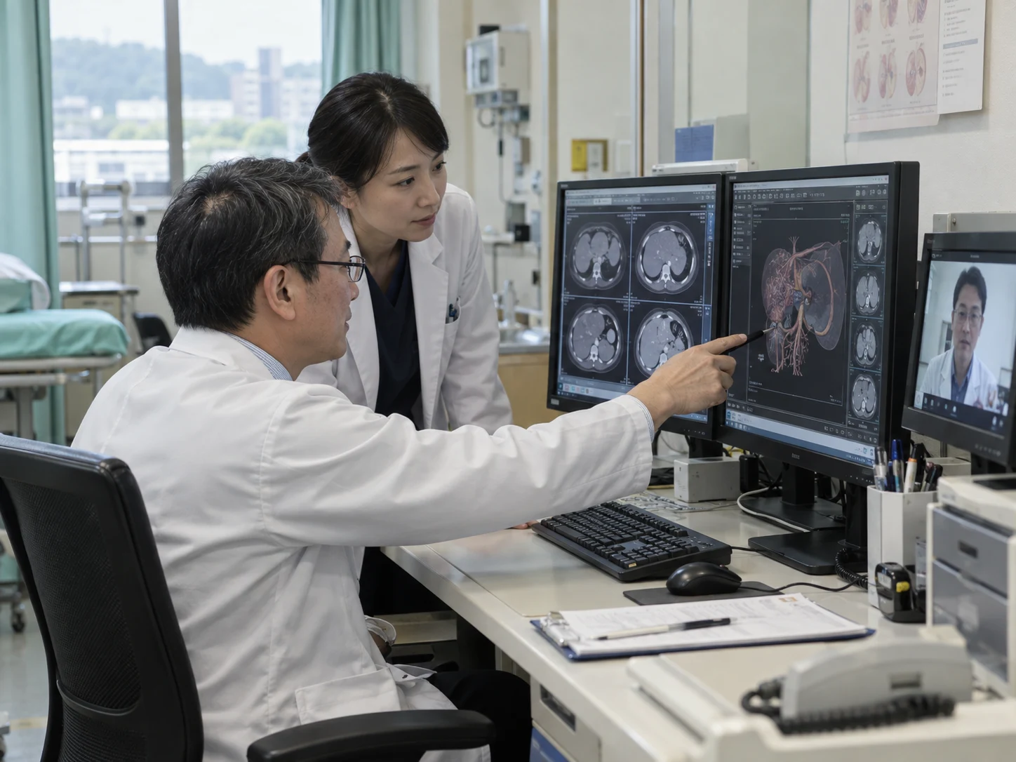 診間醫師運用雙螢幕影像工作站與遠端專家協作